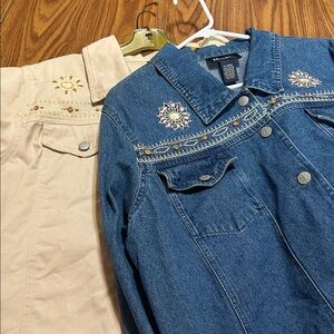 Denim&Co Blue Embroidered Floral Denim Jacket with pink rhinestones